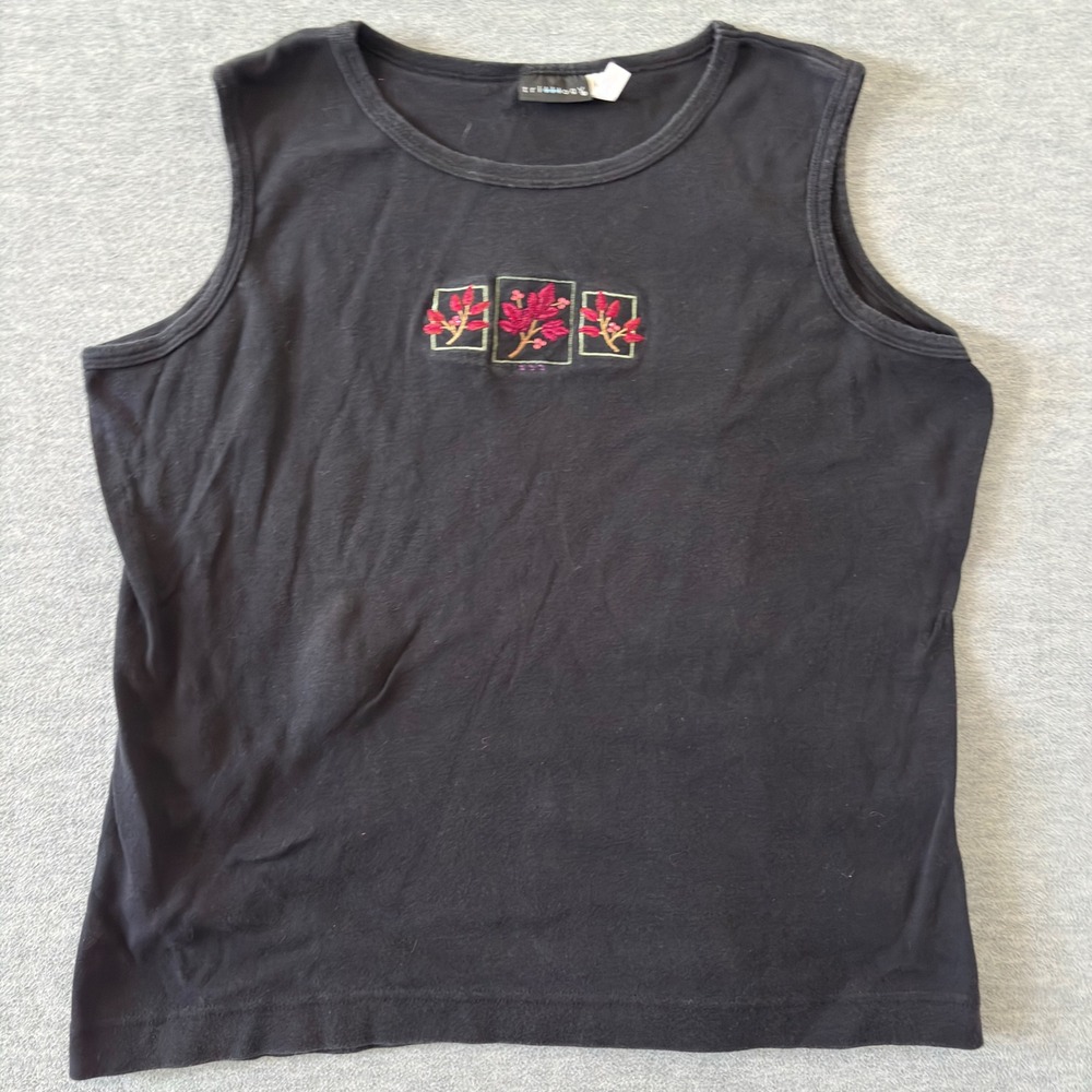 Trillogy Black Cotton Sleeveless Tank Top Pink Floral Embroidered Leaf Large